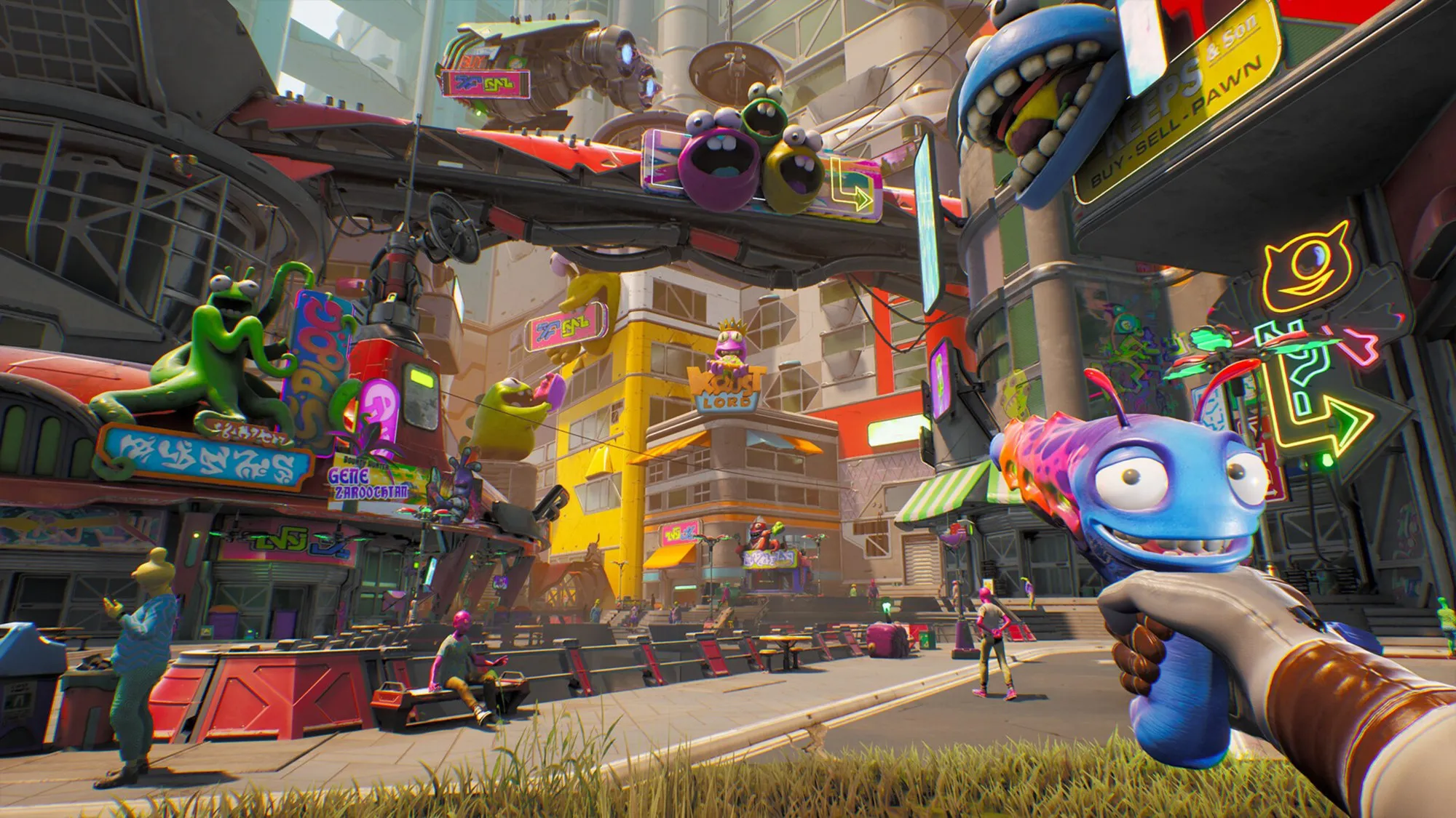 First-person view of Blim City streets with a talking gun in hand