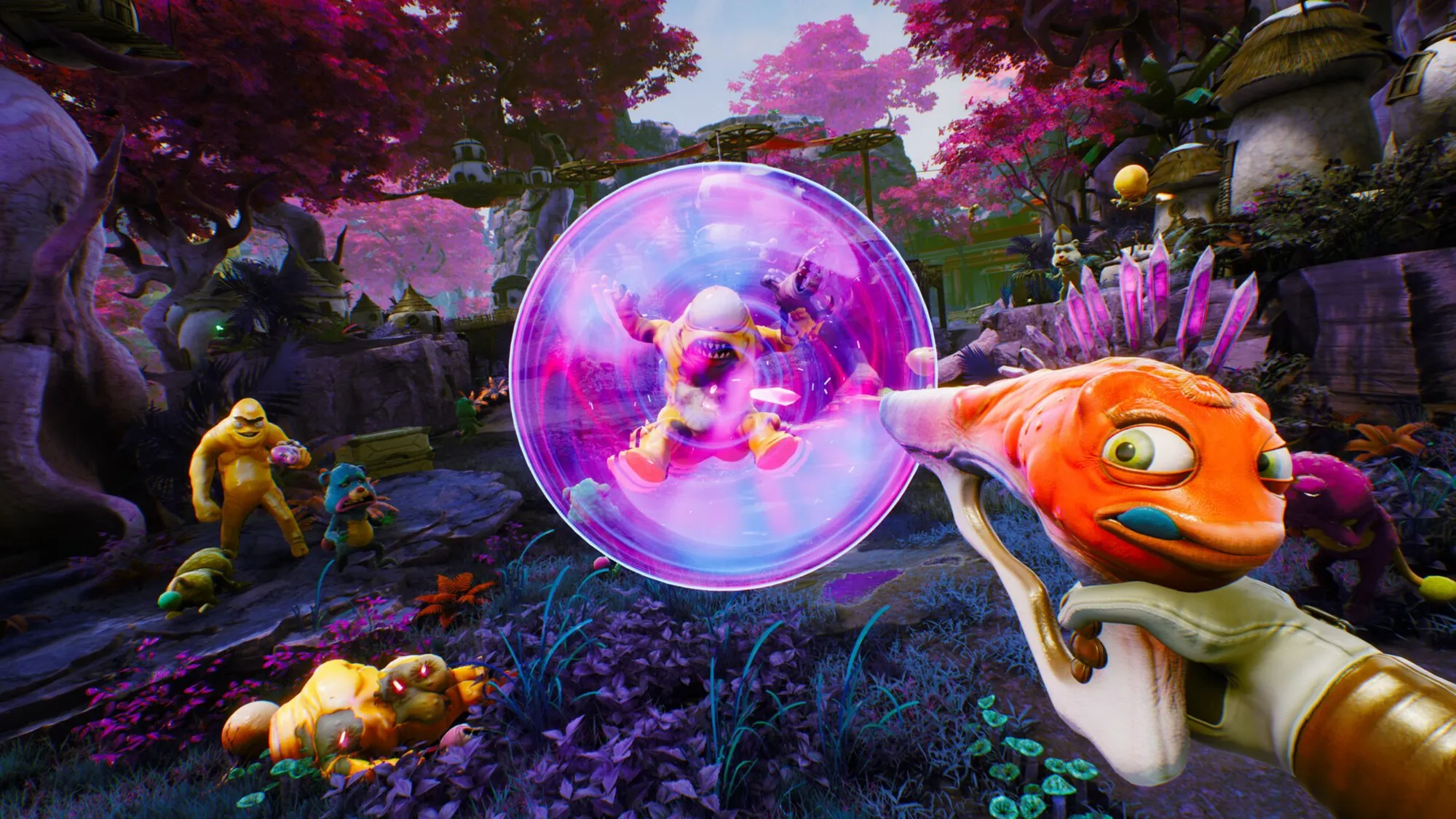 Trapping an enemy in a bubble in a pink forest