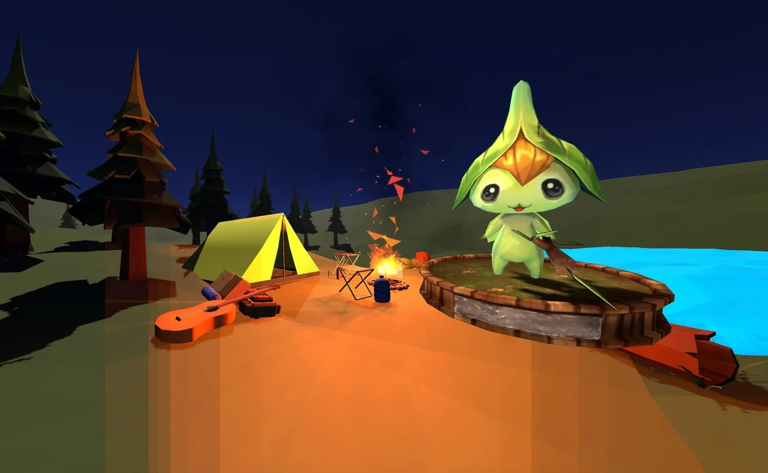 Campsite scene with the forest nymph character