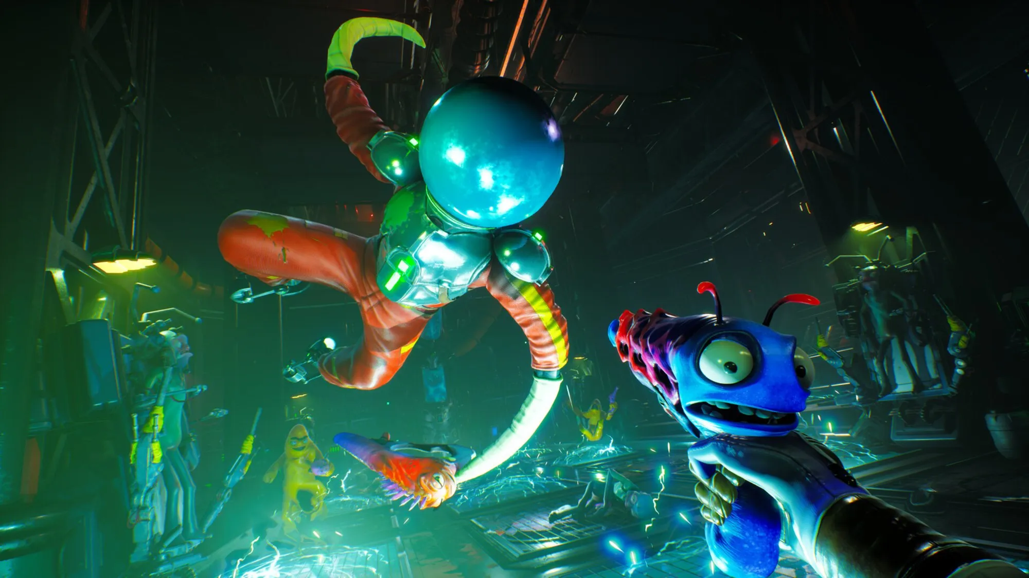 Close-range fight with an alien in a dark hangar