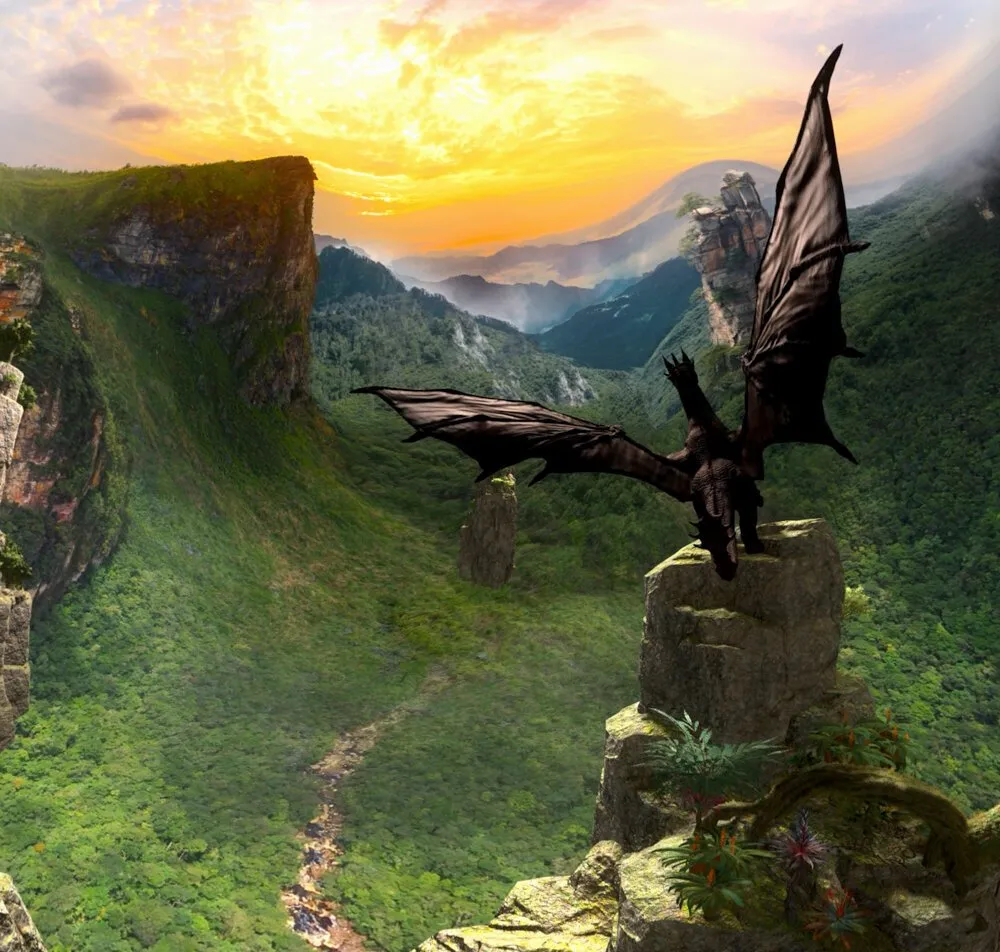 A dark dragon landing on a stone pillar above a green valley at sunset