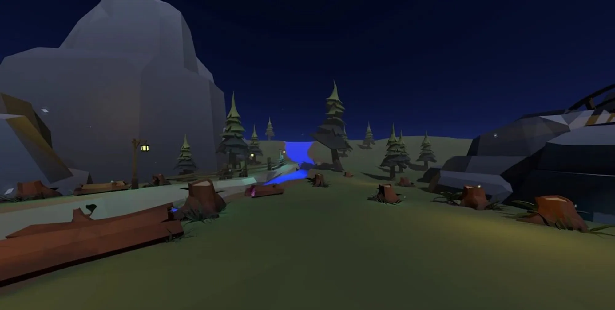 Night forest scene with tree stumps