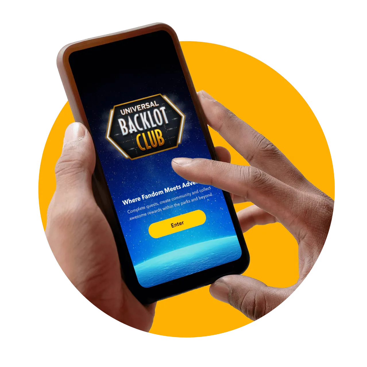Hands holding a phone showing the Backlot Club welcome screen