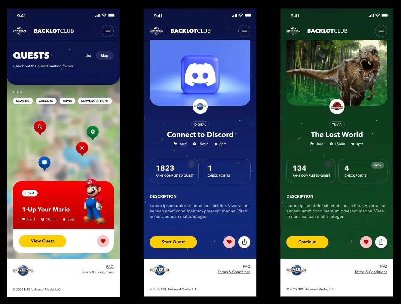 Quest, check-in and collectible screens