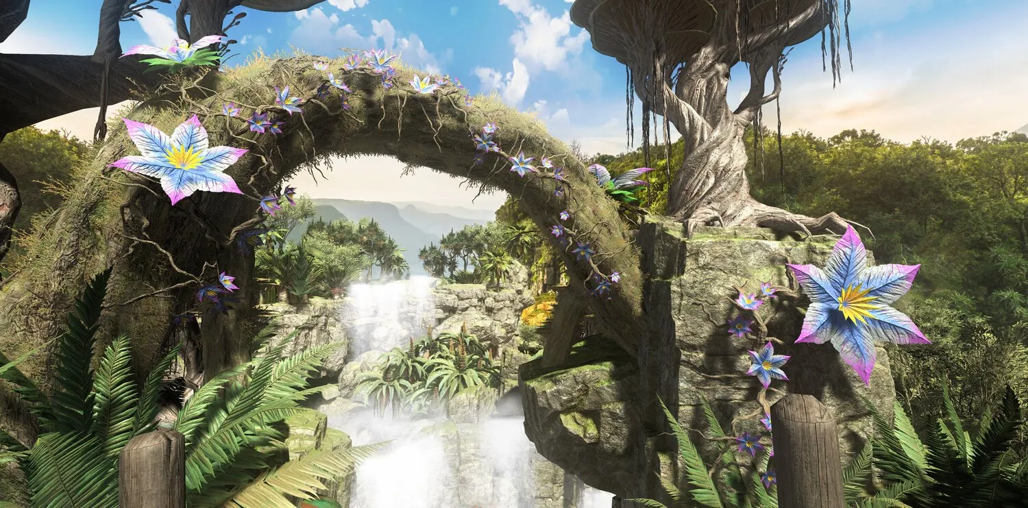 Jungle world from a VR slide ride: a mossy stone arch with glowing flowers over a waterfall
